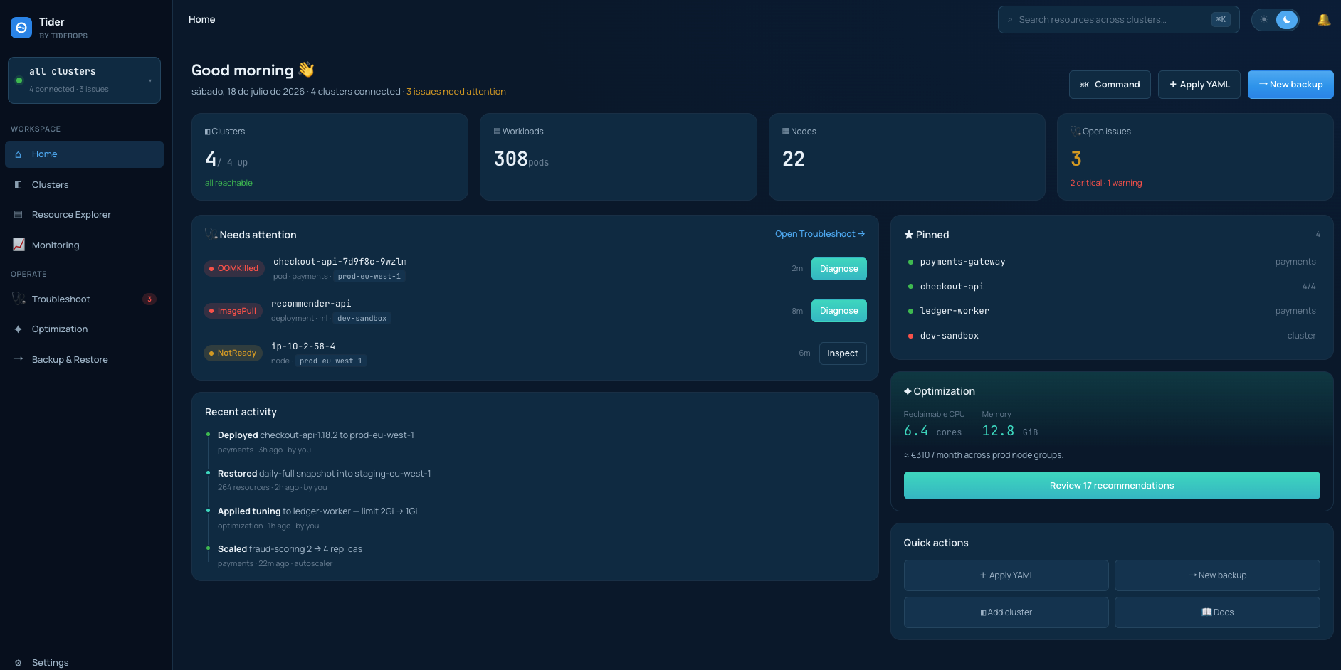 Tider home dashboard — failing workloads surfaced under Needs attention with one-click Diagnose
