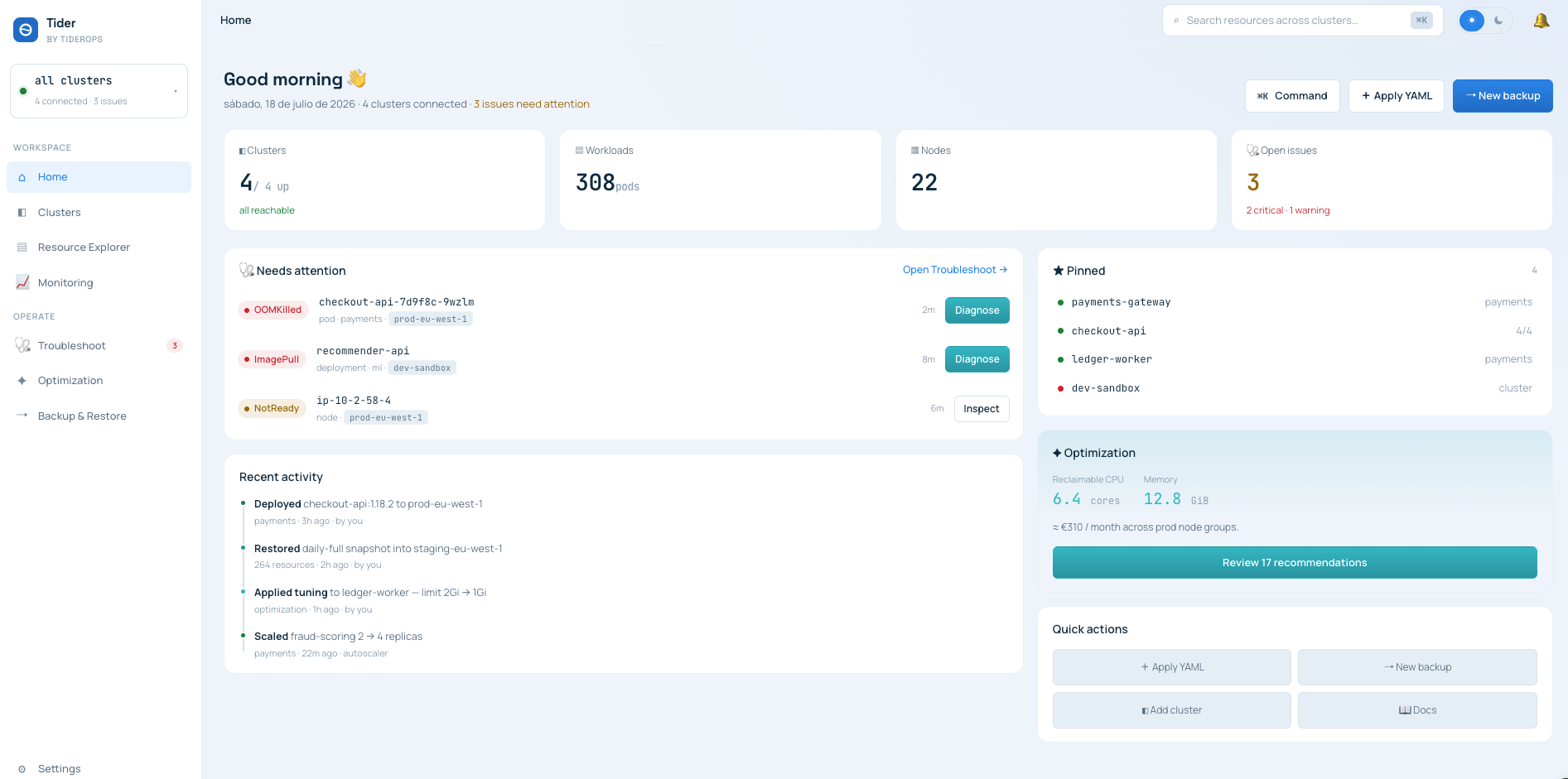 Tider home dashboard — failing workloads surfaced under Needs attention with one-click Diagnose