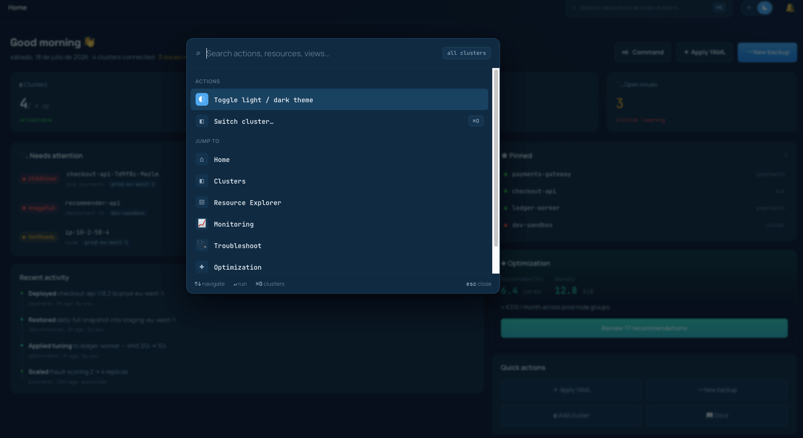Tider command palette — search actions, resources, and views across all clusters