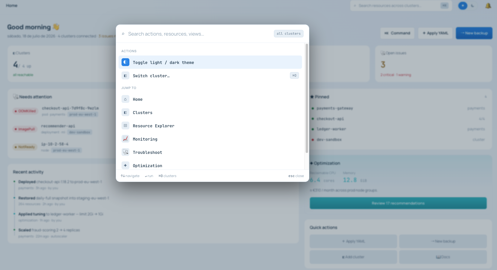 Tider command palette — search actions, resources, and views across all clusters