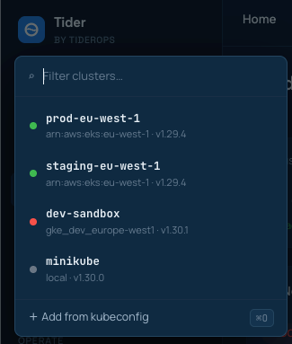 Tider cluster switcher — kubeconfig contexts with versions and health, plus Add from kubeconfig